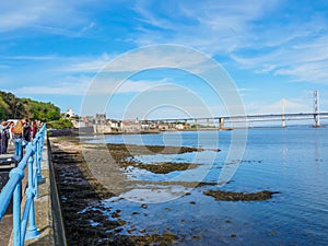 View of the Queensferry Crossing bridges over the Firth of Forth, Edinburgh, Scotland.