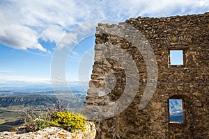 View of Queribus Cathar Castle Ruins and Aude Valley and Landscape on a Sunny Day in France