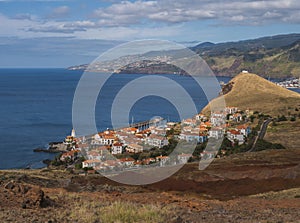 View of Quinta do Lorde Resort Hotel Marina and Canical, East coast of Madeira Island, Portugal. Scenic volcanic