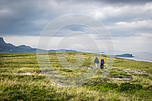 A view of Quirang hiils in the distance from the walking path from Staffin village to Staffin harbour and An Corran Beach. Two