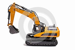 View of R/C model excavator racing cars on a white background. Free time Children and adults concept