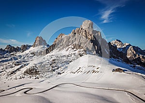 View of Ra Gusela peak in front of mount Averau and Nuvolau, in Passo Giau, high alpine pass near Cortina d`Ampezzo, Dolomites,