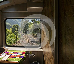 View of the rail tracks from the front of train