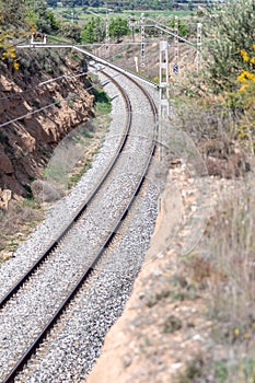 View of railroad rails with rails and catenary