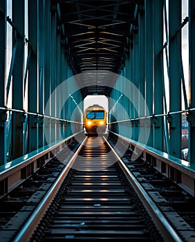a railway bridge framed by its steel structure