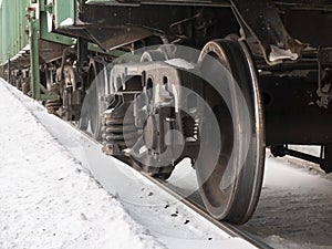 View on railway freight car bogie with wheel set, axle, bogie frame, springs, axle box