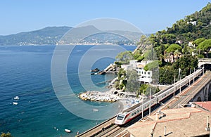 View of the railway viaduct. Zoagli. Tigullio. Liguria. Italy