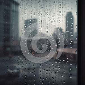 view rain window city water light urban glass weather street background. Generative AI.