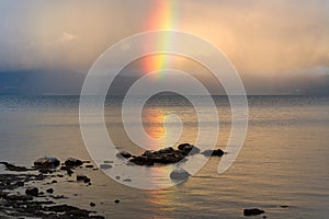 View of a rainbow over the Villarrica lake