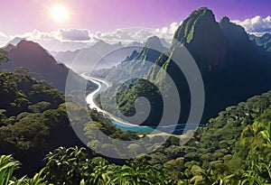 View of rainforest and river in Brazil with mountains and tropical humidity, lush jungle with beautiful sky view,