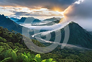 View of rainforest and river in Brazil with mountains and tropical humidity, lush jungle with beautiful sky view,