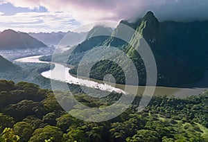 View of rainforest and river in Brazil with mountains and tropical humidity, lush jungle with beautiful sky view,