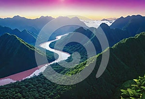 View of rainforest and river in Brazil with mountains and tropical humidity, lush jungle with beautiful sky view,