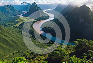 View of rainforest and river in Brazil with mountains and tropical humidity, lush jungle with beautiful sky view,