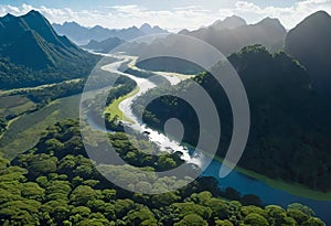 View of rainforest and river in Brazil with mountains and tropical humidity, lush jungle with beautiful sky view,