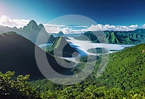 View of rainforest and river in Brazil with mountains and tropical humidity, lush jungle with beautiful sky view,