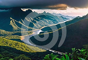 View of rainforest and river in Brazil with mountains and tropical humidity, lush jungle with beautiful sky view,