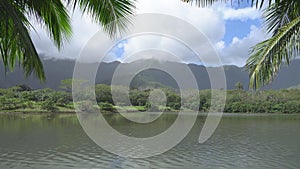 View of the rainforest and rocky mountain and bay. Tropical Island Oahu Hawaii. Clear sunny day with white clouds on the