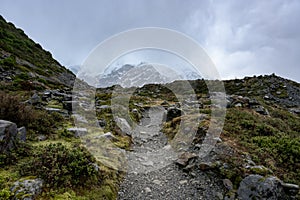 View of rainy hike to Kea Point lookout, Mount Cook National Park, New Zealand.