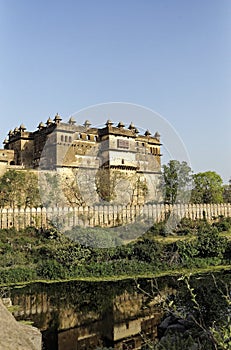 View of Raj Mahal (Palace) on the bank of river Betwa in Orchha