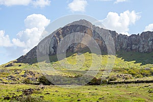 View of the Rano Raraku volcano, the quarry of the moais, Easter Island. Easter Island, Chile