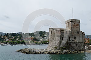 View of the Rapallo castle from the bay on the Tigullio gulf . Liguria, Italy