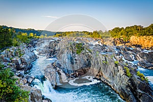 View of rapids in the Potomac River at sunset, at Great Falls Pa