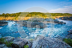 View of rapids in the Potomac River at sunset, at Great Falls Pa