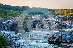 View of rapids in the Potomac River at sunset, at Great Falls Pa