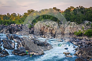 View of rapids in the Potomac River at sunset, at Great Falls Pa
