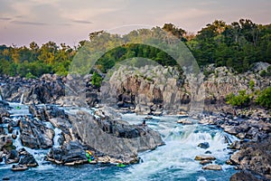 View of rapids in the Potomac River at sunset, at Great Falls Pa