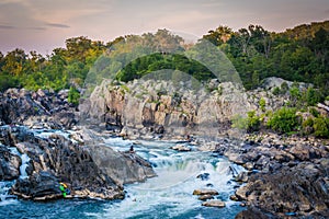 View of rapids in the Potomac River at sunset, at Great Falls Pa