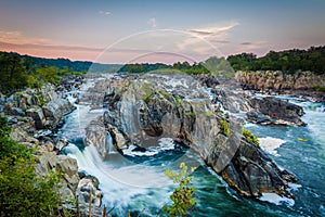 View of rapids in the Potomac River at sunset, at Great Falls Pa