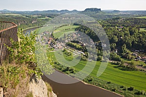 View of Rathen town and Elbe river from Bastei bridge