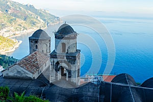 View Ravello church on Amalfi coast close villa Rufolo, Ravello, Italy