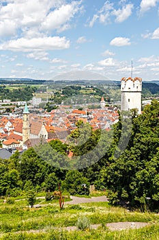 View of Ravensburg city from above with Mehlsack Turm tower and old town portrait format in Germany