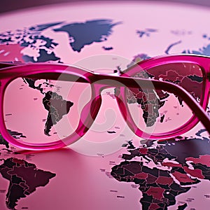 View on real life through pink glasses, embellish reality, sugarcoat concept. Fusion of fashion and travel, sense of