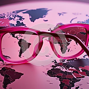 View on real life through pink glasses, embellish reality, sugarcoat concept. Fusion of fashion and travel, sense of photo