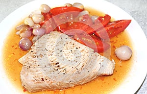 View of red fresh tuna steak in the Kitchen