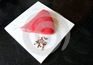 View of red fresh tuna steak in the Kitchen