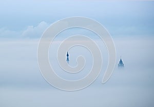 View from red Hill in Westouter (Belgium) to belfort and the steeple of St. Vaast in Bailleul (France)