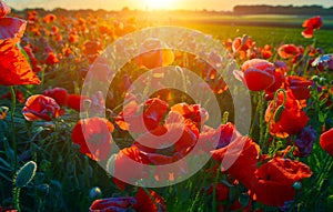 View of red poppies in summer countryside