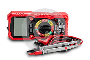 View of red portable digital multimeters or multitester with test leads and probes isolated on white background