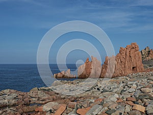 view of Red Rocks called Rocce Rosse at mediterranean sea coastline in Arbatax port, penisula of Tortoli, Ogliastra