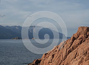 view of Red Rocks called Rocce Rosse at mediterranean sea coastline in Arbatax port, penisula of Tortoli, Ogliastra