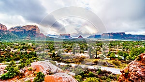 View of the red sandstone formations of Twin Buttes, Courthouse Butte, Bell Rock and Cathedral Rock