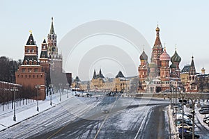 View of Red Square, Moscow Kremlin, St. Basil cathedral from Bolshoy Moskvoretsky Bridge