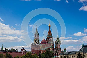 The view of Red square and St. Basil`s Cathedral in summer, Moscow, Russia. Sights of historical Moscow