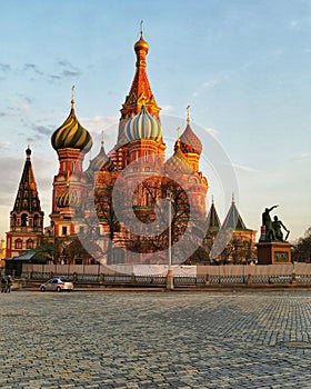 View of the Red Square with Vasilevsky descent in Moscow, Russia. Basil's Cathedral is the main attraction of Moscow