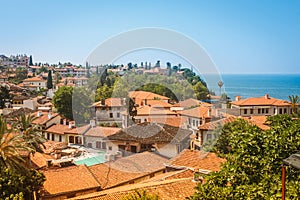 View on the red tiled rooftops of the old city of Antalya and the sea, Turkey